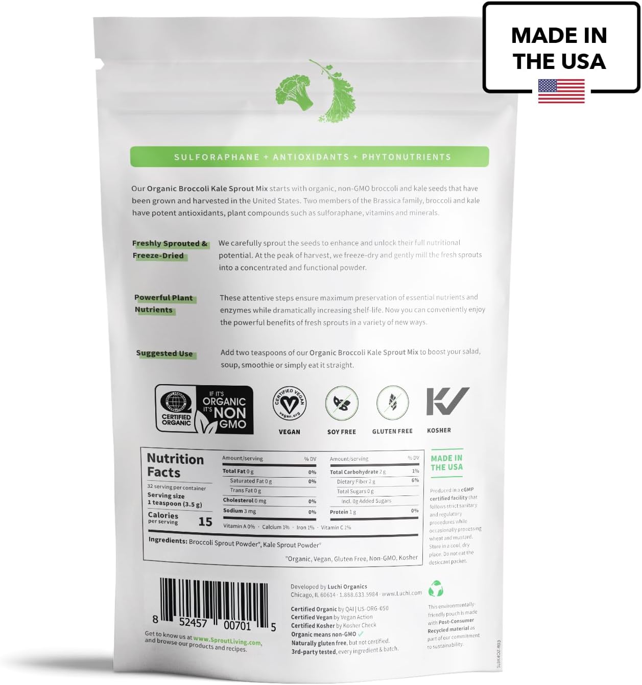 Sprout Living Broccoli and Kale Organic Sprout Mix, Freeze Dried Superfood Greens Powder, 100% Pure, Vegan, Non-GMO, Gluten Free (4 ounces, 32 servings)