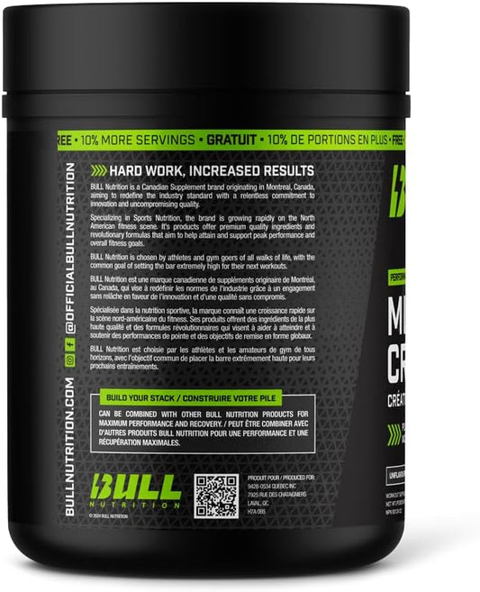 BULL Nutrition – 微粉化肌酸一水合物補充劑粉,用於促進肌肉生長、增強耐力和力量,從而提高運動表現 – 加拿大製造 – 220 份,1100 克 - 無味