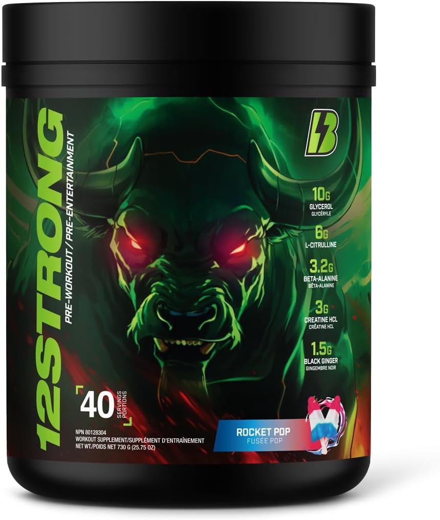 BULL Nutrition 12 STRONG - 含甘油、L-瓜氨酸、β-丙氨酸和肌酸补充剂的运动前粉,可促进肌肉生长,增强耐力、力量、专注力和能量输出 - 加拿大制造 - 40 份,730 克(730 克,Rocket Pop)