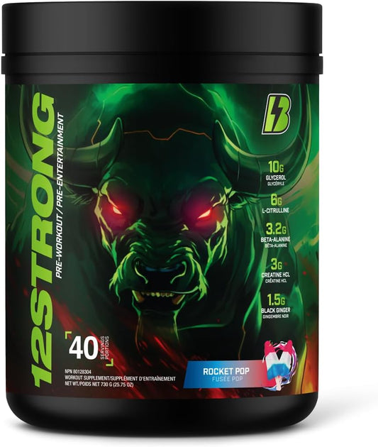 BULL Nutrition 12 STRONG - 含甘油、L-瓜氨酸、β-丙氨酸和肌酸補充劑的運動前粉,可促進肌肉生長,增強耐力、力量、專注力和能量輸出 - 加拿大製造 - 40 份,730 克(730 克,Rocket Pop)