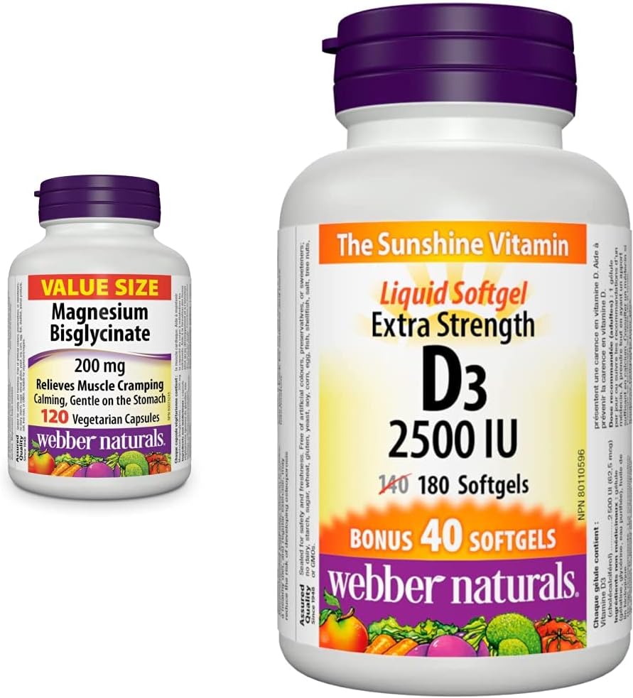 Webber Naturals 雙甘氨酸鎂 200 毫克,120 粒膠囊,支持骨骼和肌肉功能,純素 & 強效維生素 D3 2,500 IU,180 粒軟膠囊,促進骨骼健康