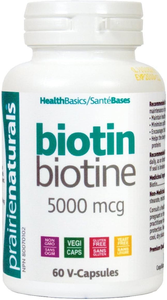 Prairie Naturals Biotin 5,000 mcg helps to maintain healthy hair, skin, and nails, improves splitting and brittle fingernail, promotes thicker hair- 60 Vegan Capsules