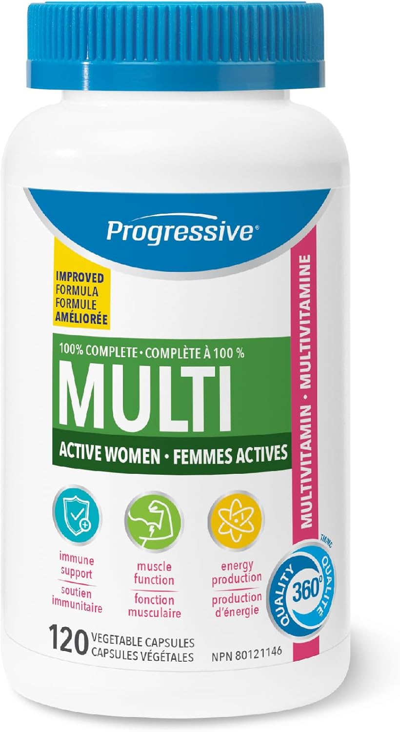 Progressive Advanced 每日复合维生素,专为活力女性设计,含DIM、圣洁莓、玛卡和南非醉茄。支持免疫健康、平衡雌激素和能量,100% 完整配方,加拿大制造,120 粒装