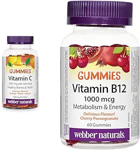 Webber Naturals 维生素 C 软糖 125 毫克,120 粒软糖,有益于骨骼、牙齿、免疫和抗氧化健康,纯素食,含维生素 B12 氰钴胺 1,000 微克,60 粒软糖
