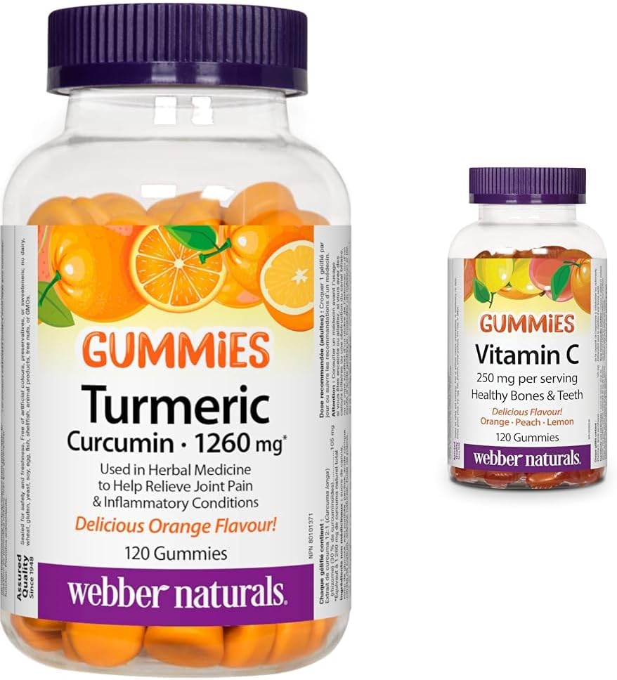 Webber Naturals 姜黄素软糖,1260 毫克生草本,120 粒软糖,抗氧化支持,纯素 & 维生素 C 软糖 125 毫克,120 粒软糖,有益于骨骼、牙齿、免疫和抗氧化健康,纯素