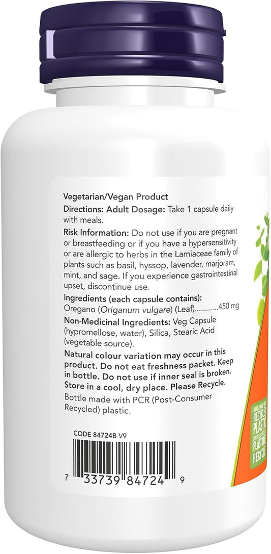NOW Supplements, Oregano (Origanum vulgare) 450 mg, Free Radical Scavenger*, 100 Veg Capsules