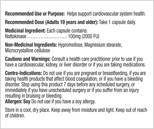Prairie Naturals Nattokinase (2000 FU) 100mg, Healthy blood circulation and heart function, Helps reduce the risk of blood clots, Canadian-made, Vegan, Gluten-Free, 60 V-Capsules
