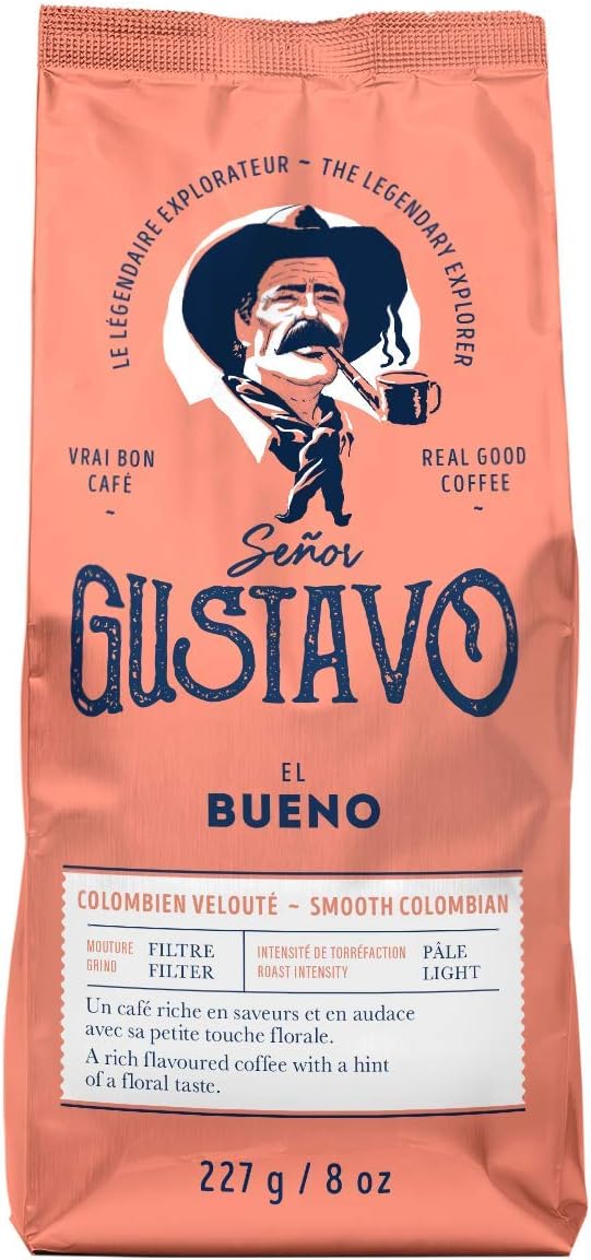 Café Senor Gustavo El Bueno 顺滑哥伦比亚轻度烘焙研磨咖啡,浓郁的咖啡,带有淡淡的花香,犹太洁食认证咖啡,产自中南美洲的咖啡豆 - (227 克)
