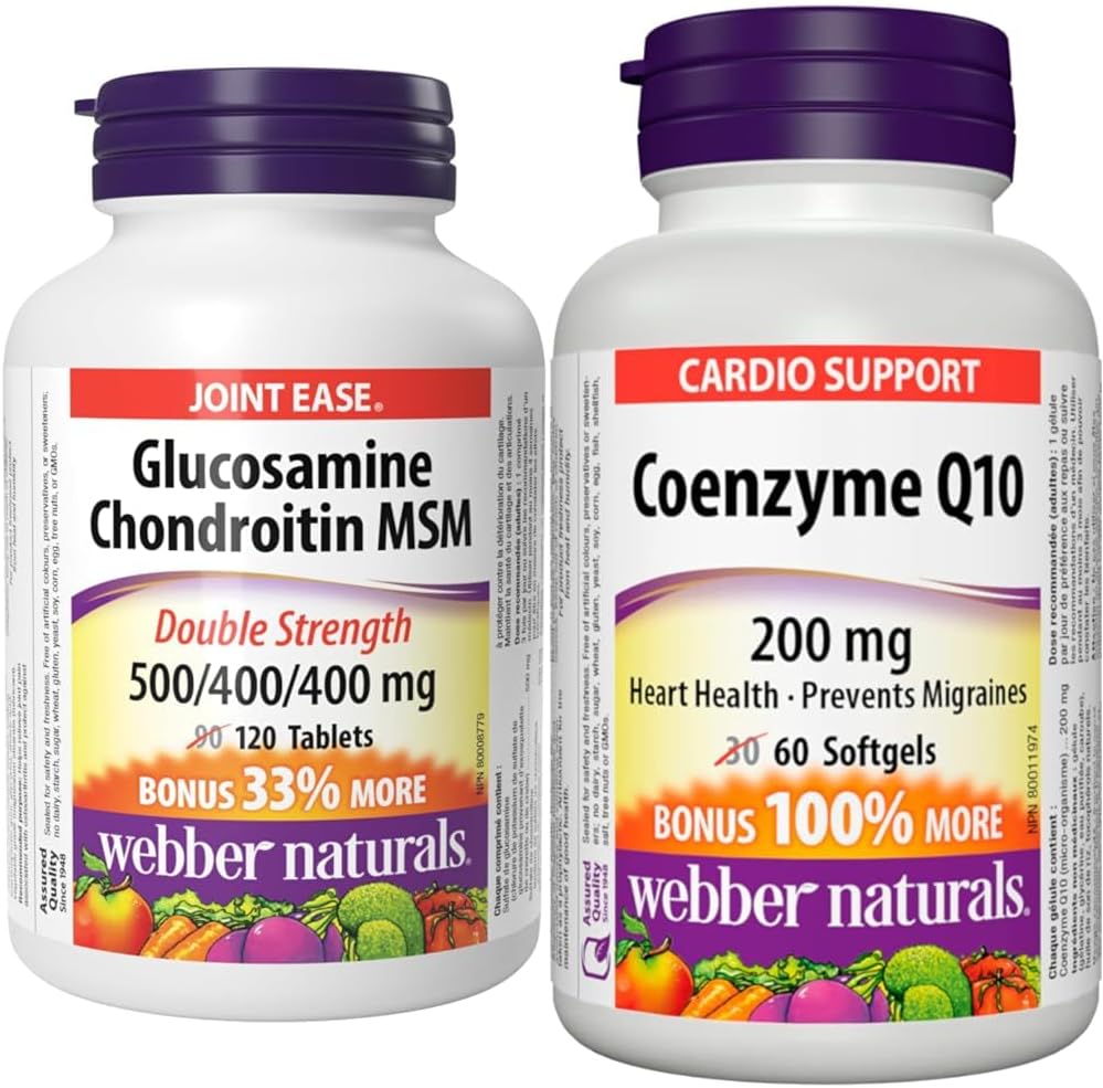 Webber Naturals 葡萄糖胺軟骨素 MSM 和輔酶 Q10 (CoQ10) 200 毫克,高效抗氧化劑,非基因,無麩質,60 粒軟膠囊,用於心臟健康和細胞能量生成