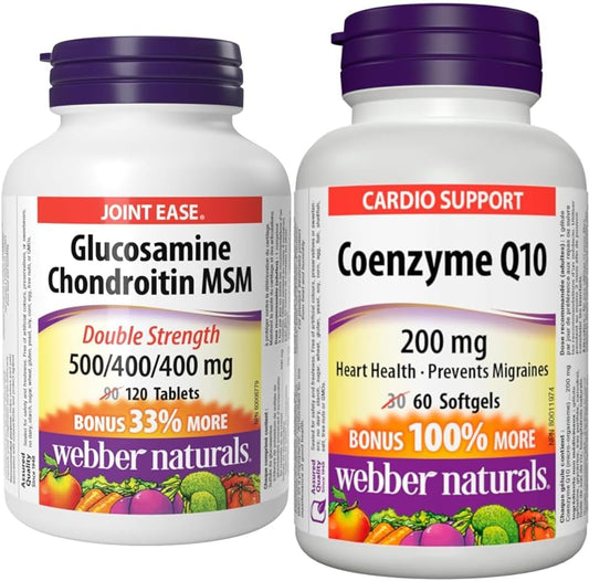 Webber Naturals Glucosamine Chondroitin MSM & Coenzyme Q10 (CoQ10) 200mg, High Potency Antioxidant, Non-GMO, Gluten Free, 60 softgels, for Heart Health and Cellular Energy Production
