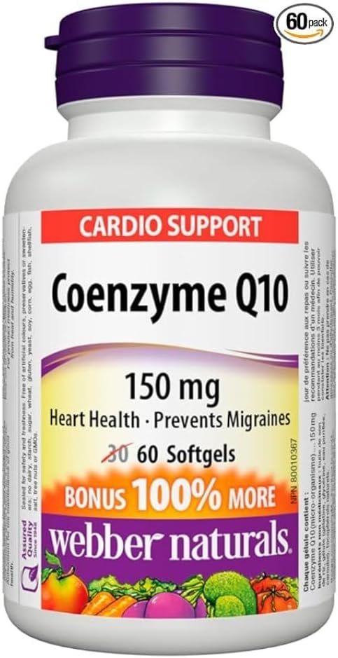 Webber Naturals 輔酶 Q10 (CoQ10) 150 毫克,60 粒軟膠囊,高效抗氧化劑,有益於心臟健康、促進細胞能量生成和緩解偏頭痛