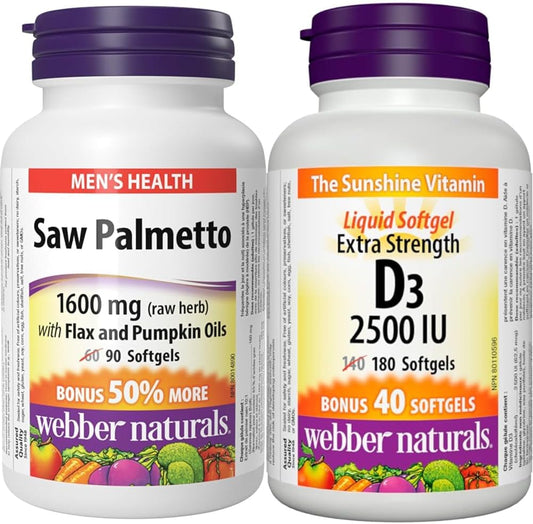 Webber Naturals 锯棕榈 160 毫克,含亚麻和南瓜油,90 粒软胶囊和维生素 D3 2500 IU 强效,180 粒软胶囊,有益于骨骼和牙齿健康,并有助于预防维生素 D 缺乏症