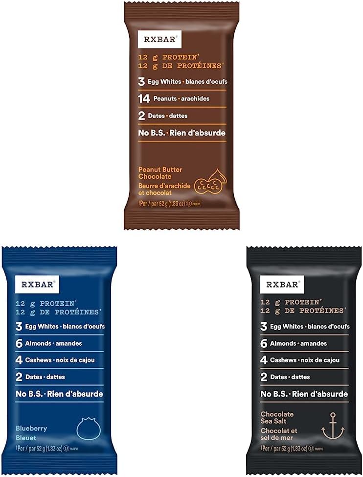 RXBAR Peanut Butter Chocolate Protein Bars 12 x 52 g & RXBAR Protein Bar Blueberry 12x52g (Pack of 12) & RXBAR Protein Bar Chocolate Sea Salt 12x52g (Pack of 12)