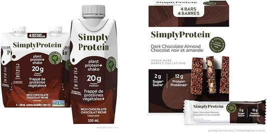 Simply Protein Ready-To-Drink Chocolate Plant Protein Shake, 330mL Bottle, Pack of 4, High Protein & Dark Chocolate Almond Protein Bars, Gluten Free, Vegan, High Protein Snacks, 4 Count