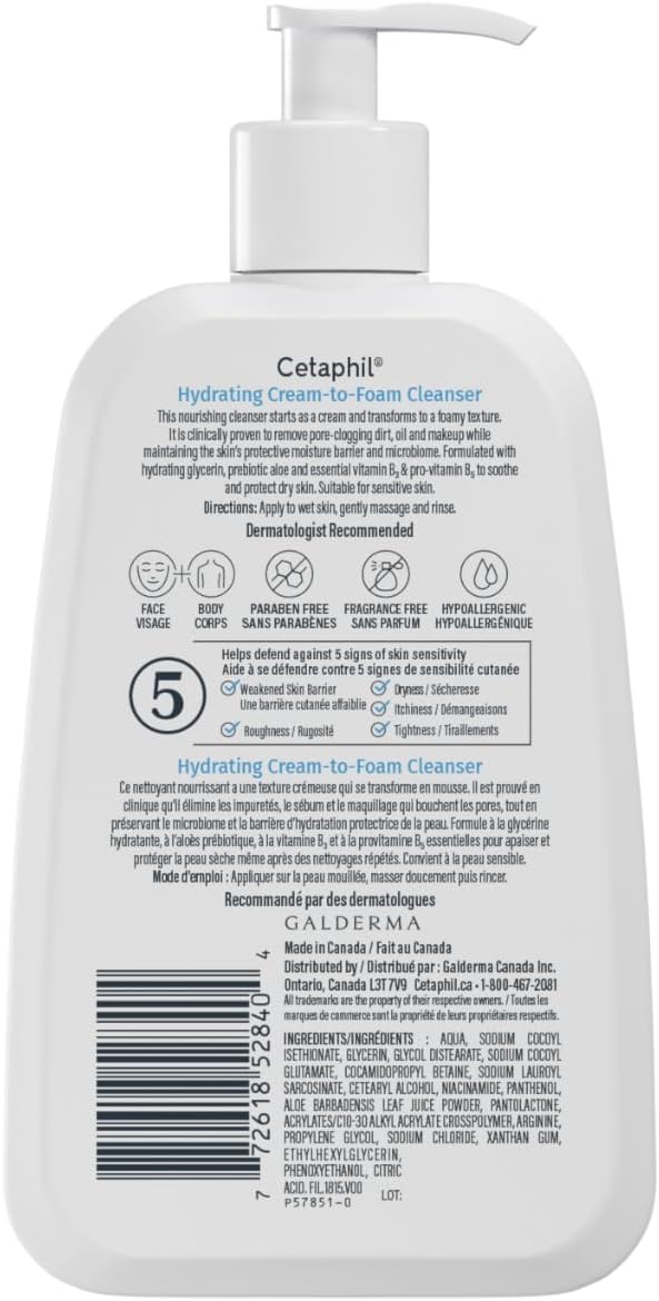 Cetaphil Cream to Foam Face Wash, Hydrating Foaming Cream Cleanser, For Normal to Dry, Sensitive Skin, with Soothing Aloe,Glycerin and Niacinamide, Hypoallergenic, Fragrance Free, 236 ml