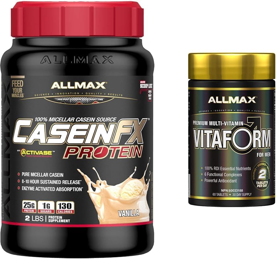 ALLMAX CASEIN-FX 香草味 2 磅 & VITAFORM - 高级 - 男士高效复合维生素 - 30 天用量 - 60 粒