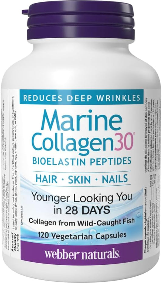 Webber Naturals Collagen30 海洋生物彈性蛋白勝肽,每粒含 500 毫克 Collactive 海洋膠原蛋白勝肽複合物,120 粒膠囊,有助於減少深層皺紋和關節疼痛