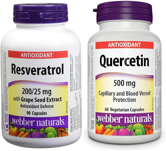 Webber Naturals 白藜芦醇与葡萄籽提取物胶囊,200/25毫克和槲皮素500毫克,60粒胶囊,抗氧化支持,纯素