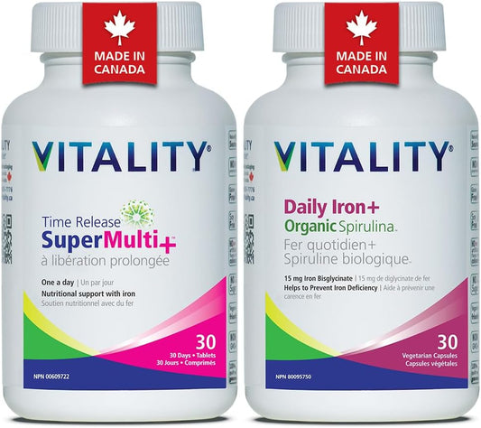 VITALITY 鐵補充劑和多種維生素套裝 - 含葉酸、B12 維生素 C 的女性產前維生素,女性多種維生素,適合敏感胃的溫和鐵劑,2 瓶裝,30 天