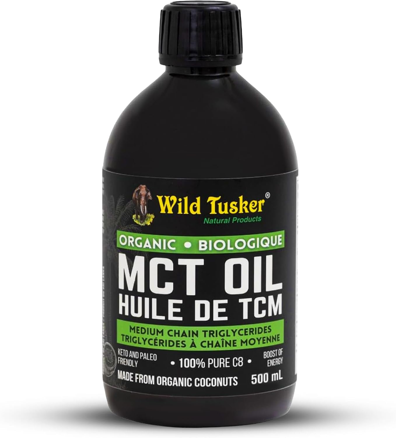 Wild Tusker 有機優質 MCT 油(分餾椰子油),100% C8 辛酸,500 毫升 | 非基因,冷壓,不含任何化學物質 | 生酮友好,猶太潔食認證,素食