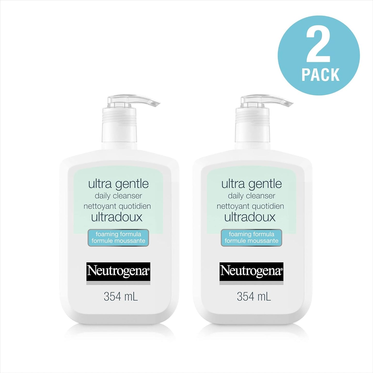 Neutrogena Ultra Gentle Daily Face Wash, Foaming Facial Cleanser, Fragrance Free, Pack of 2 (708 ml Total)
