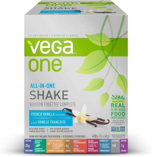 Vega 全效合一纯素蛋白粉(法国香草味,10 袋)超级食品成分,维生素,增强免疫力,生酮友好,男女适用豌豆蛋白,10x41 克(包装可能有所不同)