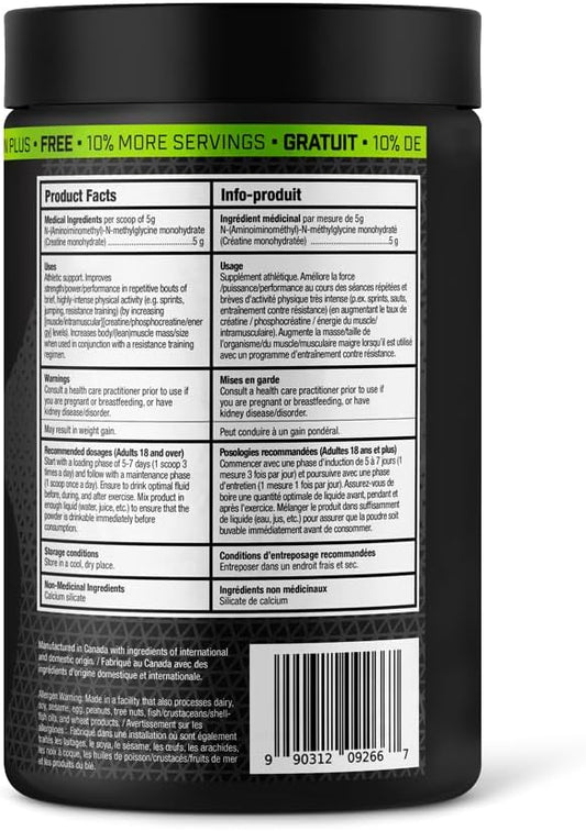 BULL Nutrition 微粉化肌酸一水合物补充剂粉,用于肌肉生长、增强耐力和力量,从而提高运动表现 - 加拿大制造 - 88 份,440 克,无味