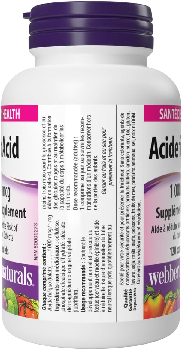 Webber Naturals 葉酸 1000 微克,120 片,產前營養,純素