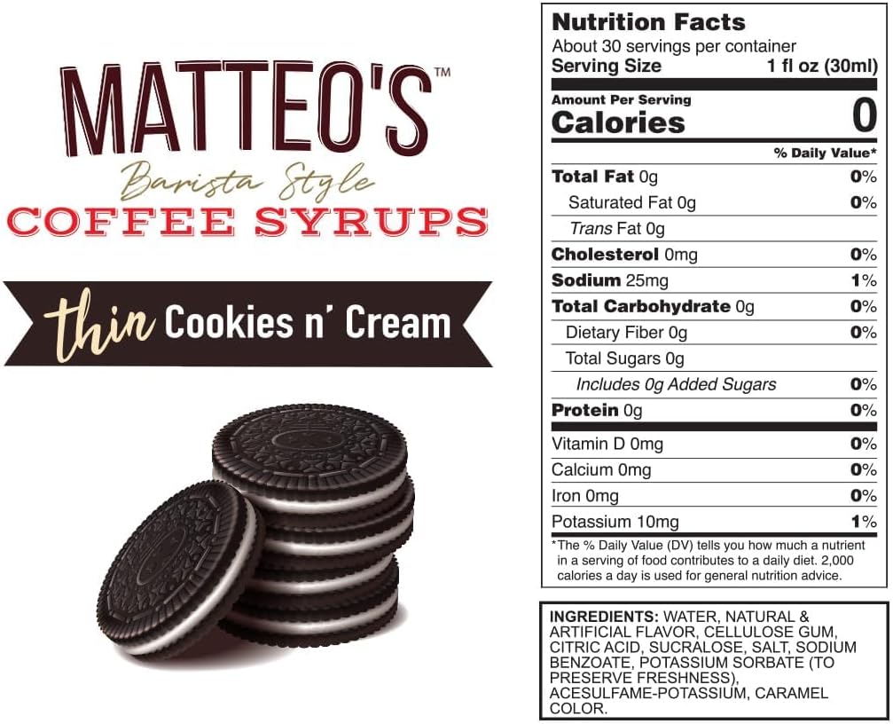 Matteo's Barista 风格无糖咖啡糖浆,曲奇奶油口味,零卡路里和糖,适合生酮饮食,适合拿铁、卡布奇诺、浓缩咖啡、美式咖啡,口感浓郁,25.4 盎司 1 包