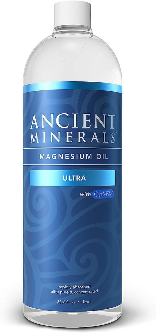 Ancient Minerals 镁油喷雾 ULTRA,含 MSM - 纯 Zechstein 外用氯化镁补充剂,添加 OptiMSM 功效 - 补充装 33.8 盎司(1 升)
