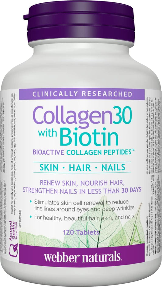 Webber Naturals Collagen30 含生物素,2,500 毫克生物活性膠原蛋白勝肽和 150 毫克檸檬酸鎂,120 粒膠囊,高吸收礦物質,支持骨骼和肌肉功能,不含麩質