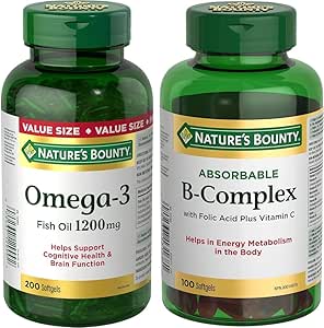 Nature's Bounty 鱼油丸,Omega 3 补充剂,有助于支持心血管健康,1200 毫克,200 粒软胶囊 & B 族复合物,含叶酸和维生素 C,有助于代谢碳水化合物,100 粒软胶囊