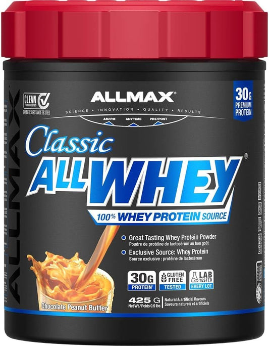ALLMAX Nutrition ALLWHEY Classic Premium Whey Protein Powder, Chocolate Peanut Butter - 425g - 30g Protein Per Serving, Gluten-Free, Low Sugar, Lab Tested, 9 Servings