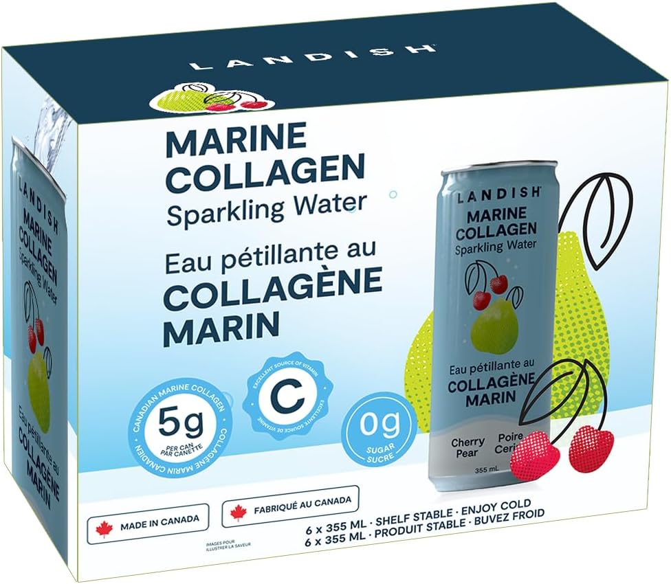 Landish Marine Collagen Sparkling Water Drink - Cherry Pear Flavour - 5 g Wild Canadian Marine Collagen - 0 g Sugar - 355 ml (6-Pack)