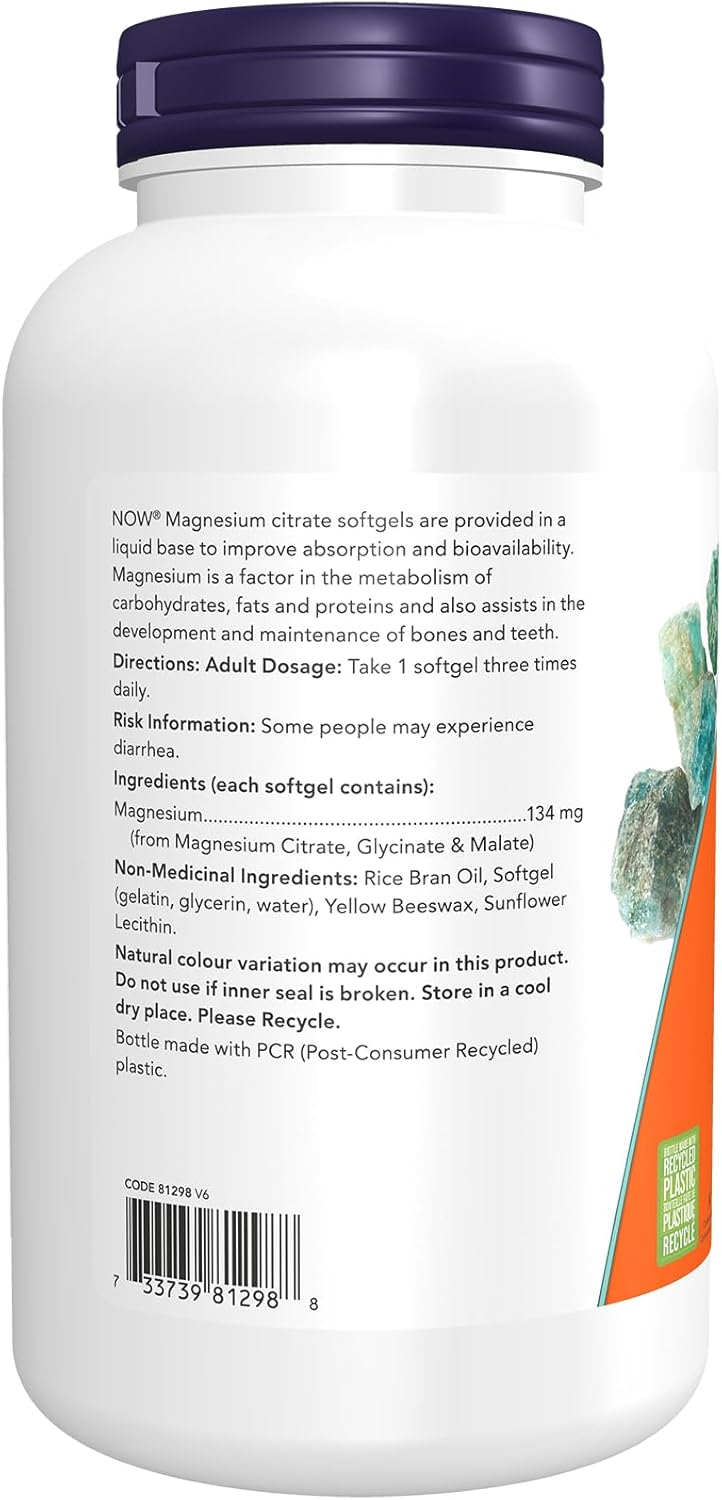 NOW Supplements, 檸檬酸鎂,含甘氨酸鹽和蘋果酸鹽,神經系統支持,180 粒軟膠囊