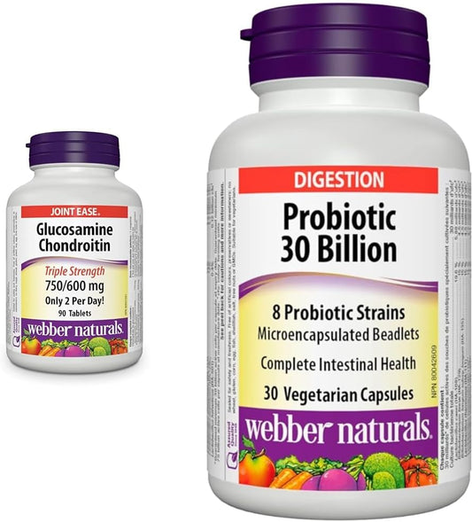 Webber Naturals Glucosamine Chondroitin, Triple Strength, 90 Tablets & Probiotic 30 Billion Active Cells, 8 Probiotic Strains, 30 Capsules, For Digestive Health, Vegetarian