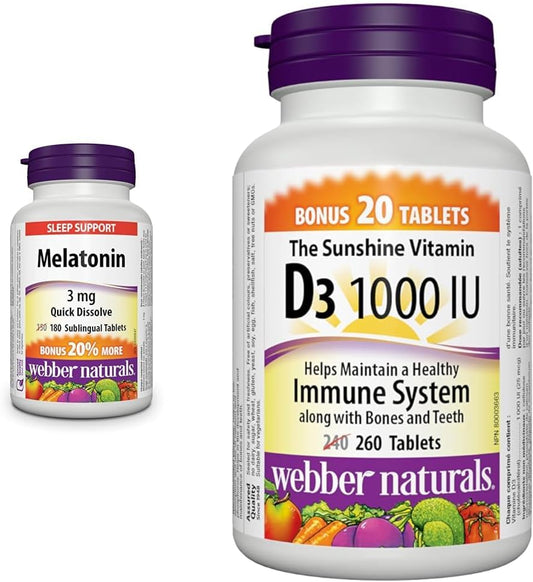 Webber Naturals 褪黑激素 3 毫克,180 片速溶片,用于睡眠支持,素食和维生素 D3 1000 IU,260 片,用于健康的骨骼、牙齿和维持身体健康