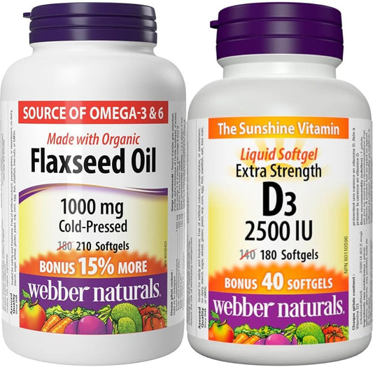 Webber Naturals 亞麻仁油 1000 毫克,210 粒軟膠囊,植物來源 Omega-3,有益於心臟、大腦和維生素 D3 2500 IU 強效,180 粒軟膠囊,有益於骨骼和牙齒健康