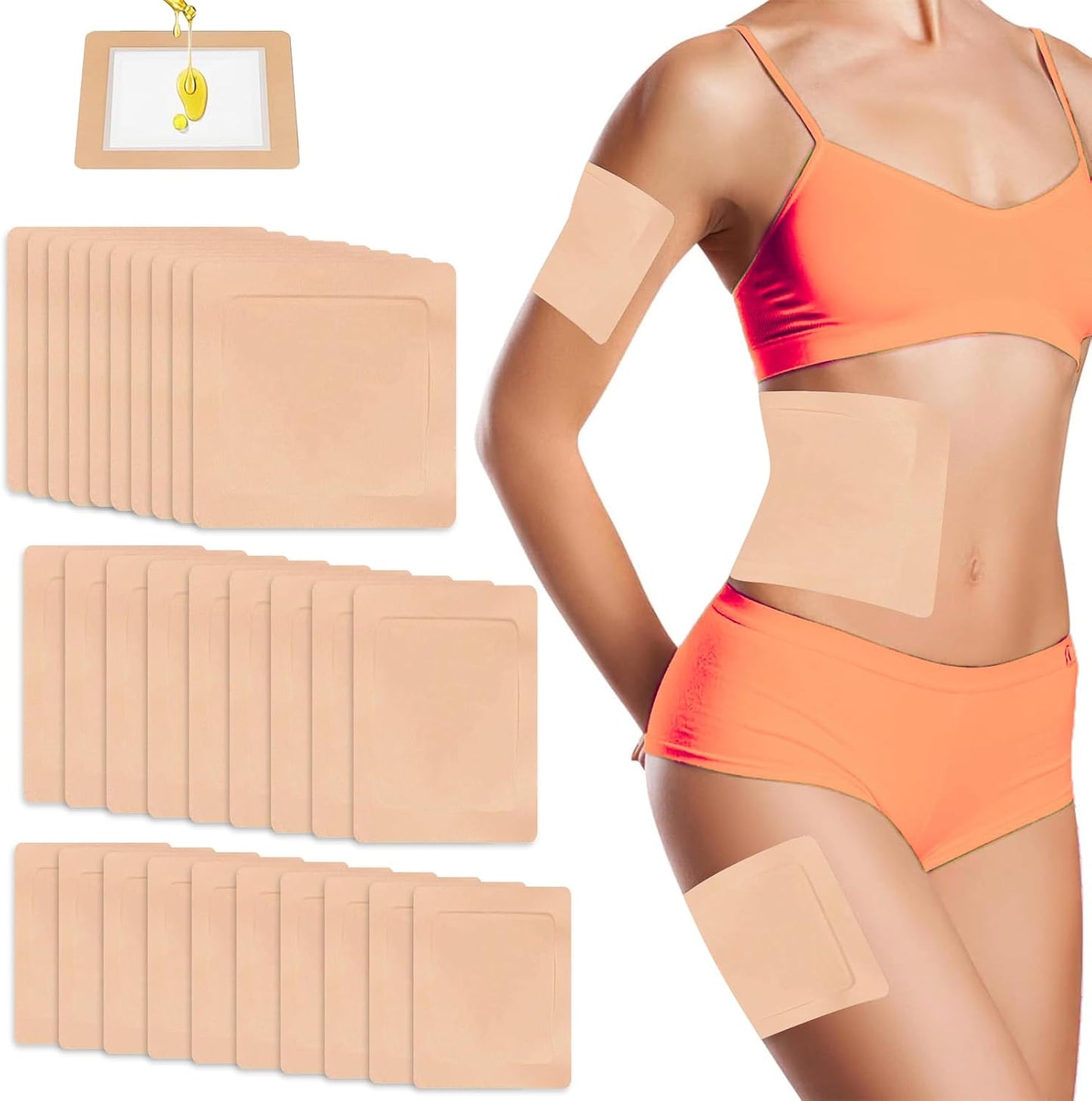 30Pcs Castor Oil Packs, Castor Oil Pack Wrap Organic Cotton, Self-Adhesive Castor Oil Patches, Small Disposable Castor Oil Patches, 3 Sizes Castor Oil Pack No Wash Leak Proof (Skin Tone)