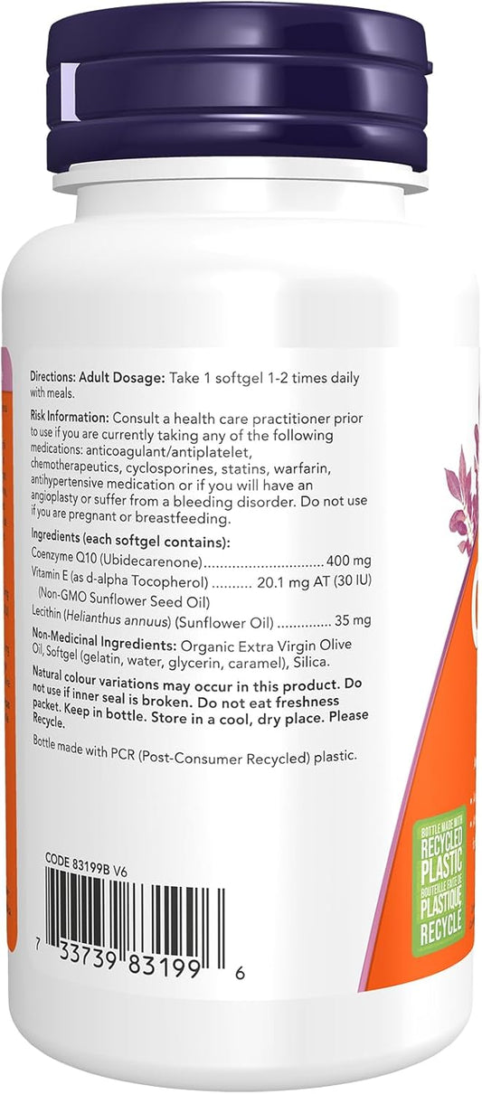 NOW Supplements,輔酶 Q10 400 毫克,醫藥級,發酵產生的全反式形式,30 粒軟膠囊