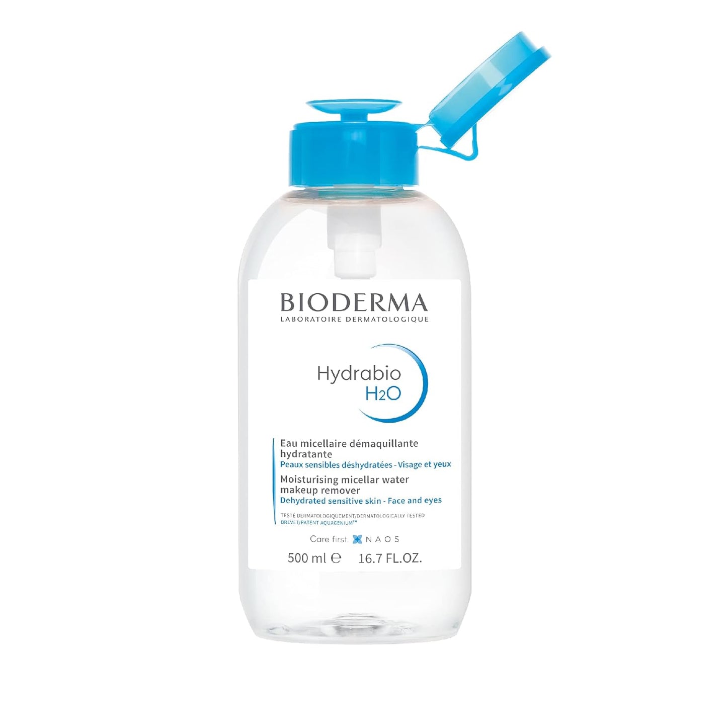 Bioderma Hydrabio H2O Micellar Water Pump, Cleansing and Makeup Removing Gentle Face Cleanser for Dehydrated Sensitive Skin, 16.7 Fl Oz
