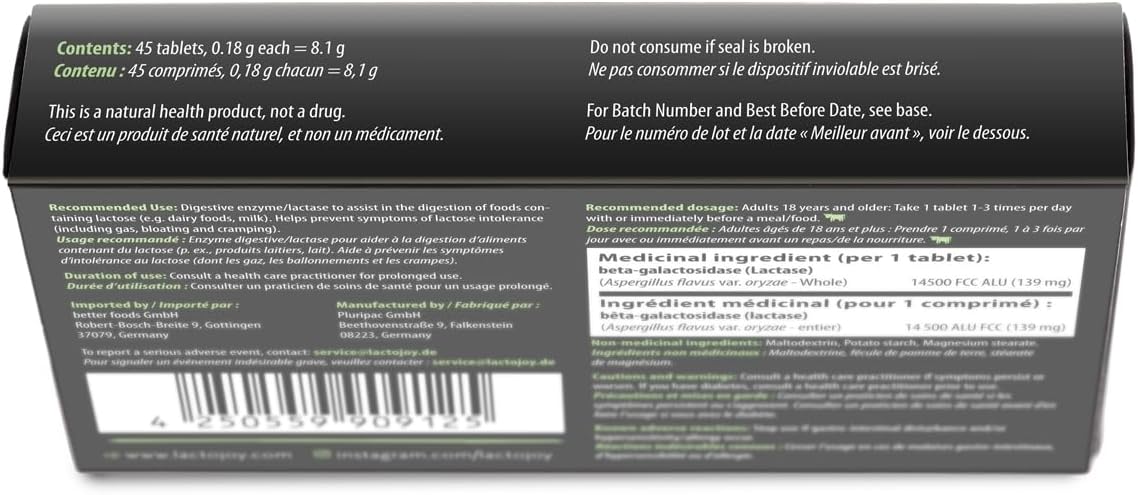 LactoJoy 乳糖酶丸 14.500 FCC I 45 片 I 强效乳糖酶,可缓解乳糖不耐症 I 超纯,促进消化 I 不含二氧化硅、不含人工香料、不含三氯蔗糖