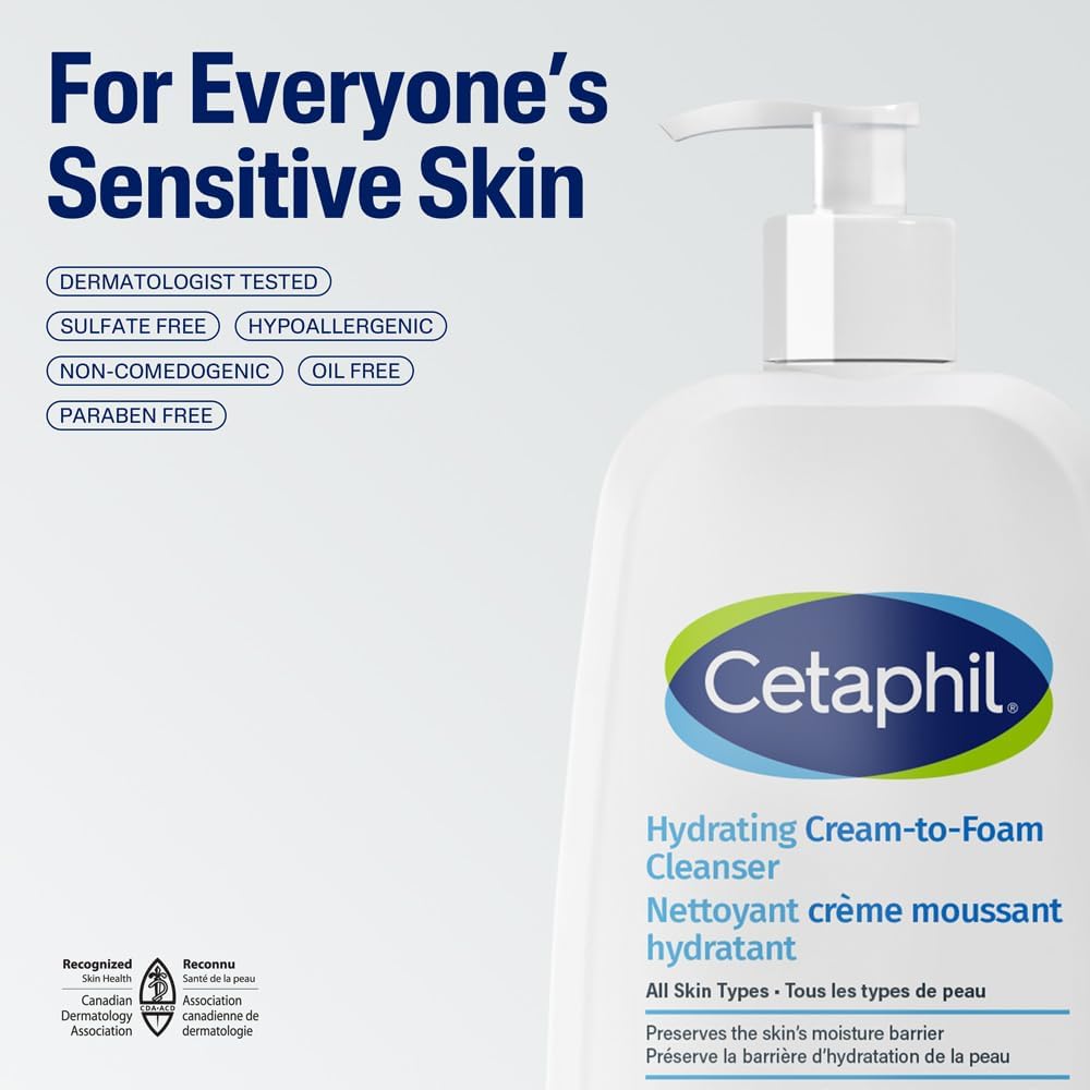 Cetaphil Cream to Foam Face Wash, Hydrating Foaming Cream Cleanser, For Normal to Dry, Sensitive Skin, with Soothing Aloe,Glycerin and Niacinamide, Hypoallergenic, Fragrance Free, 473 ml