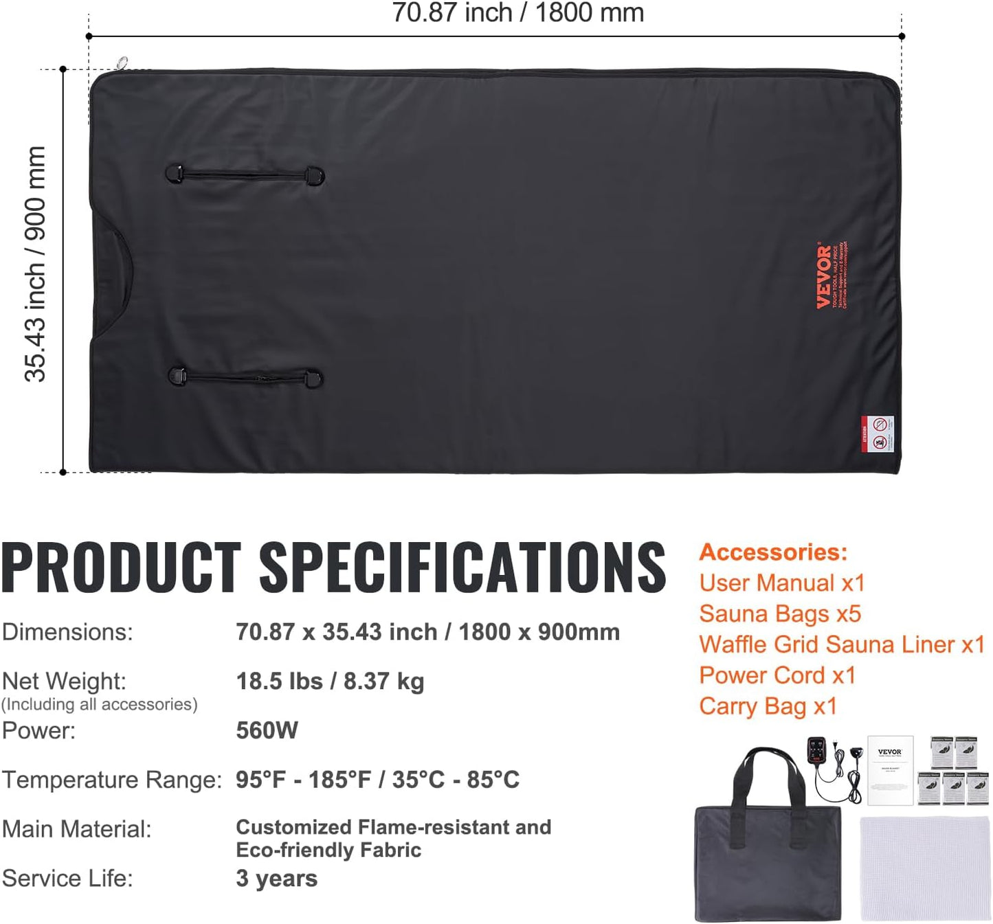 VEVOR 排毒桑拿毯,家用便攜式遠紅外線桑拿,帶臂孔,舒適度高,1-6 級可調溫度範圍 95-185℉,1-60 分鐘定時器,碳纖維加熱