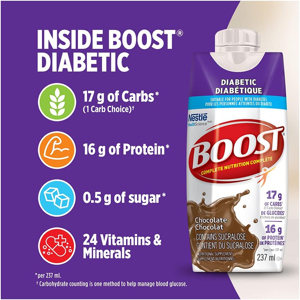 BOOST 糖尿病营养补充剂,巧克力味,6x237 毫升,每箱 4 瓶,包装可能有所不同 & PLUS 全营养饮料,巧克力味,6x237 毫升,每箱 4 瓶,包装可能有所不同