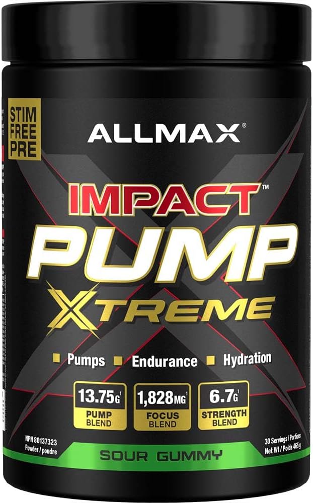 ALLMAX Nutrition Impact Pump Xtreme,酸味軟糖 - 465 克 - 無刺激性運動前配方 - 支持泵血、耐力和補水 - 最多 30 份