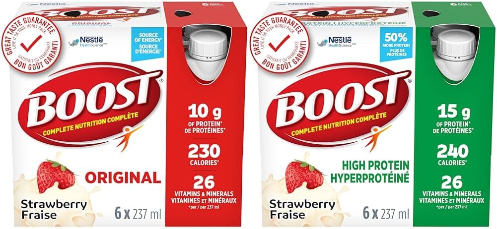BOOST Original Meal Replacement Drink, Strawberry, 6x237ml, Case Pack of 4, Packaging May Vary & 15 g High Protein Meal Replacement Drink, Strawberry, 6x237ml, Case Pack of 4, Packaging May Vary
