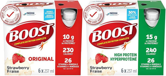 BOOST Original Meal Replacement Drink, Strawberry, 6x237ml, Case Pack of 4, Packaging May Vary & 15 g High Protein Meal Replacement Drink, Strawberry, 6x237ml, Case Pack of 4, Packaging May Vary