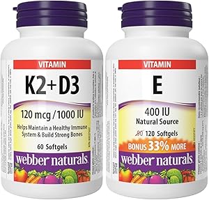 Webber Naturals 维生素 K2 加 D3,60 粒软胶囊,有助于支持骨骼、牙齿和免疫功能,不含麸质和乳制品,含维生素 E 400 IU,120 粒软胶囊,维生素 E 的天然来源