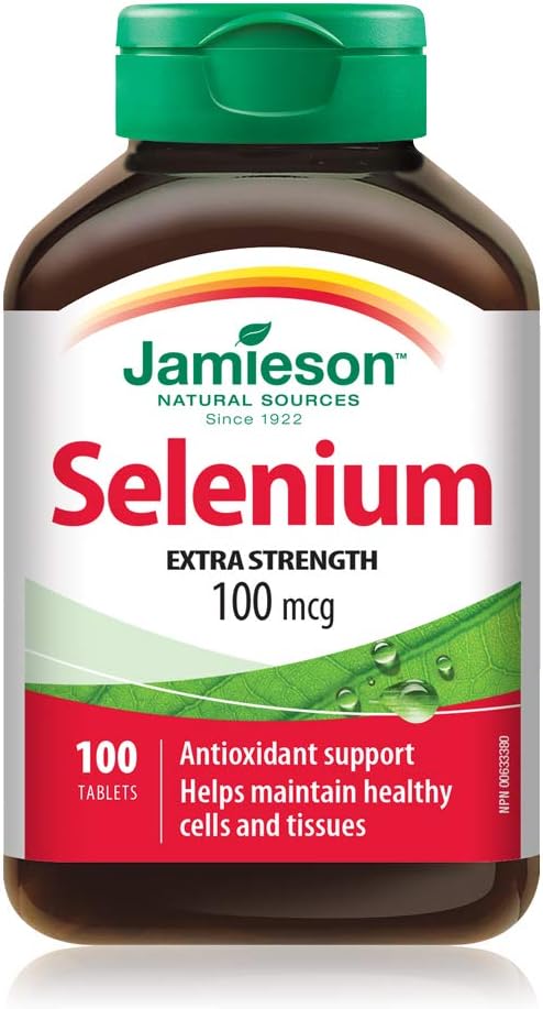 Jamieson Extra Strength Selenium 100 mcg, Antioxidant Support, Prevents Selenium Deficiency, Supports Prostate Health, Colon Health, and a Healthy Thyroid Gland. Vegetarian, Non-GMO, Gluten-Free, 100 Tablets, Proudly Canadian